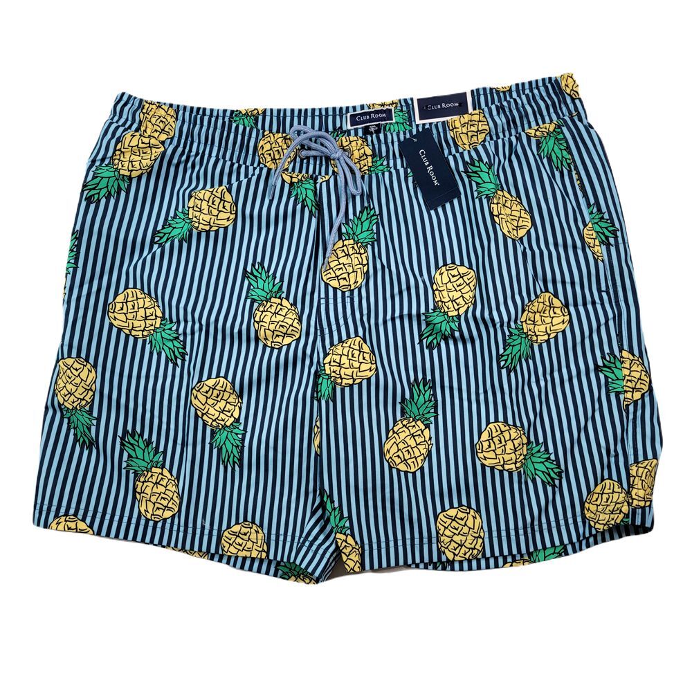 Club Room Pineapple Stripes Swim Trunks Mens 2XL Blue Quick‎ Dry Pockets $45 NEW